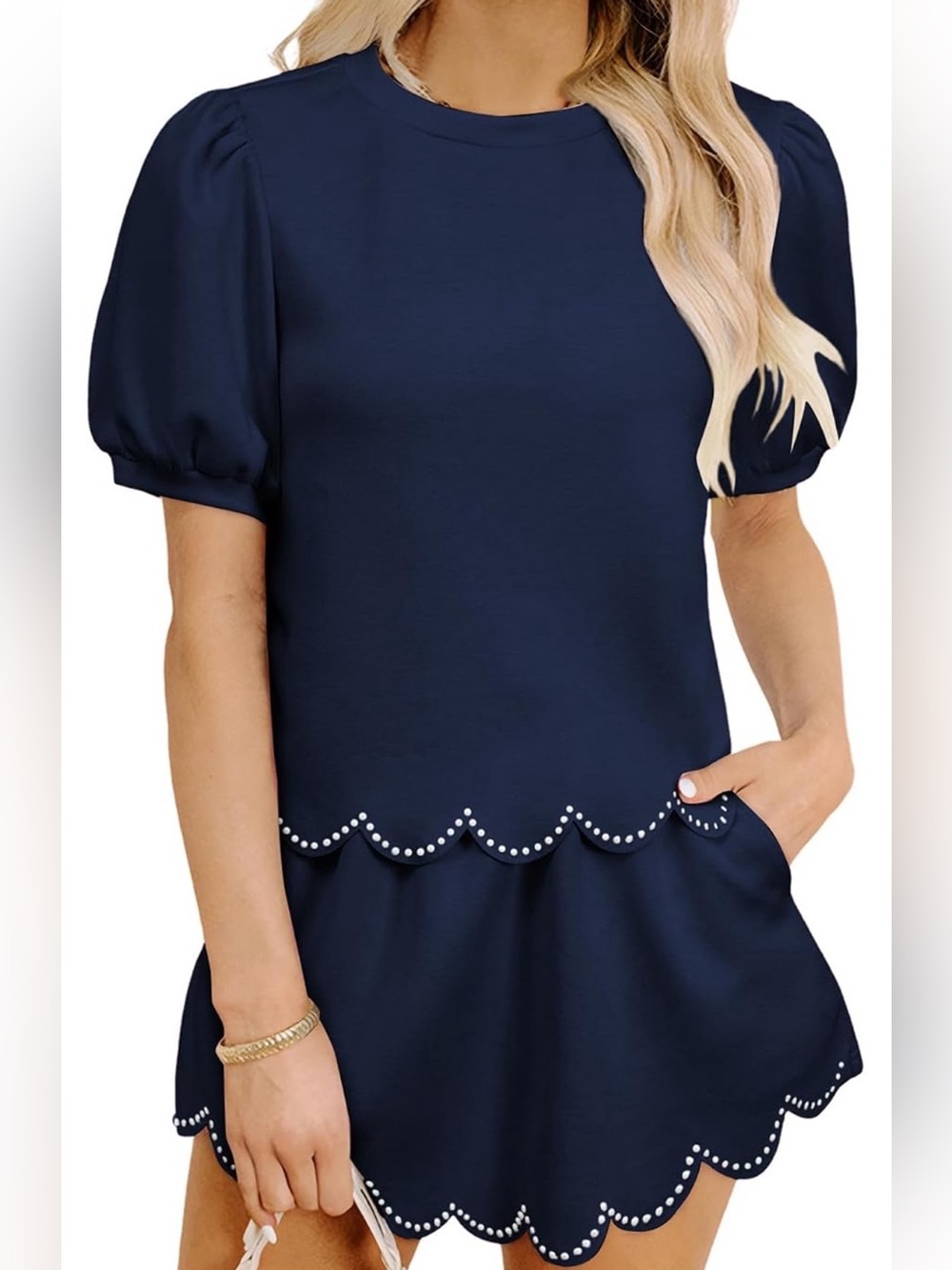 NEW Women’s Two-Piece Skort Set with Puff Sleeves in Scalloped Pearl Trim Navy